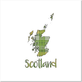 Scotland Green and Yellow Tartan Map Typography Design Posters and Art